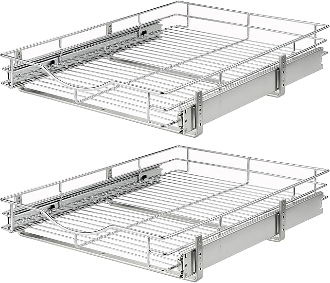 DINDON Pull Out Cabinet Organizer, (17" W x 21" D) Heavy-Duty Metal Sliding Drawer Shelf, Bathroom Under Sink Kitchen Cabinets Organizer and Storage Slide Out Shelves, Chrome, 1 Tier, 2 Pack
