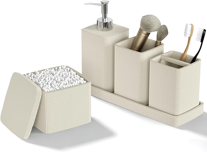 Beige Bathroom Accessories Set 5 Pieces, Resin Toothbrush Holders Set Complete with Soap Dispenser, Toothbrush Holder, Vanity Tray, Bathroom Tumbler and Qtip Holder for Small Spaces