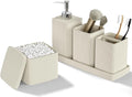 Beige Bathroom Accessories Set 5 Pieces, Resin Toothbrush Holders Set Complete with Soap Dispenser, Toothbrush Holder, Vanity Tray, Bathroom Tumbler and Qtip Holder for Small Spaces