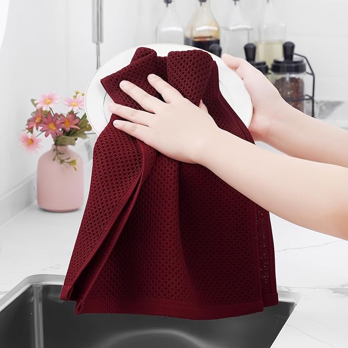 Homaxy 100% Cotton Waffle Weave Kitchen Dish Towels, Ultra Soft Absorbent Quick Drying Cleaning Towel, 13 x 28 Inches, 6-Pack, Burgundy