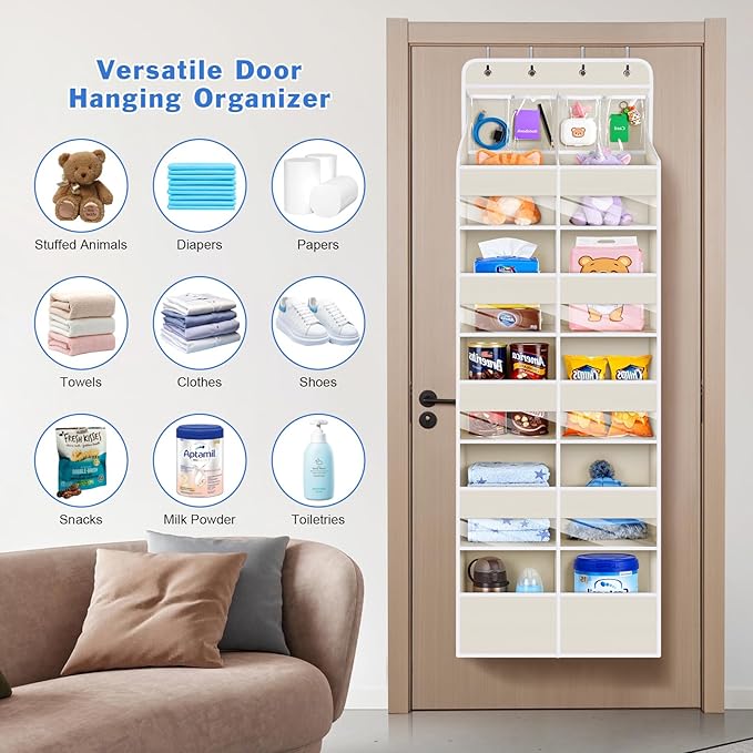 Univivi 6-Shelf Baby Door Storage Over Door Fabric Hanging Organizer with 10 Deep Pockets and 4 Small PVC Pockets Wall Mount Hanging Storage Organizers for Baby Essential (Beige)