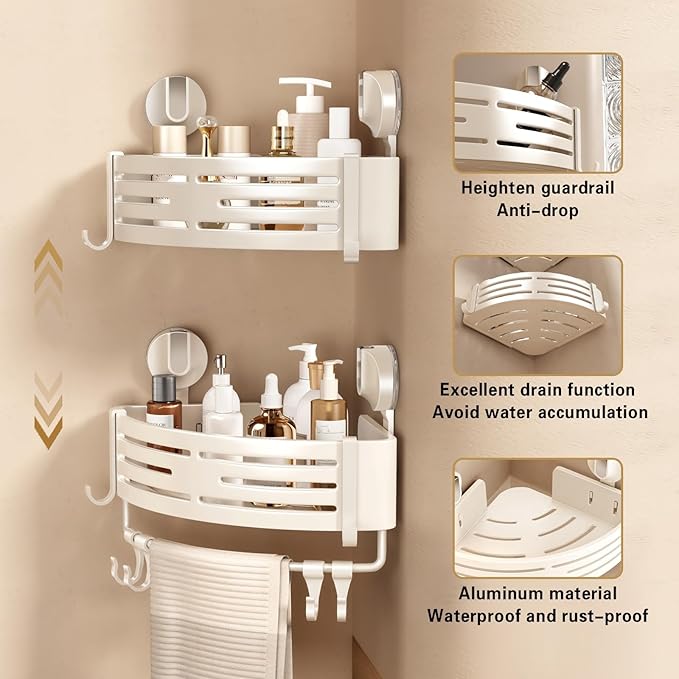 VOLPONE Corner Shower Caddy Suction Cup Shower Shelf Corner No Drilling Bathroom Shower Organizer Storage Rack Adhesive with Towel Bar Hooks(1-Pack, Ivory)