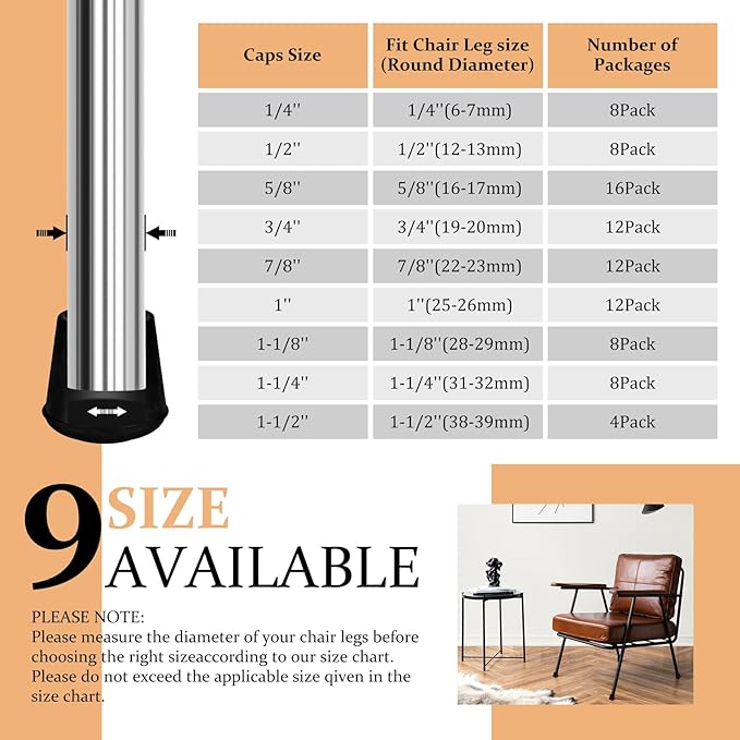 1-1/2” Round Rubber Chair Leg Tips Caps, Chair Leg Floor Protectors, Non-Slip Chairs Legs Caps, Stool Feet Protectors Cap, Folding Metal Chairs Legs Tip Replacement (Black, 8 Pack)