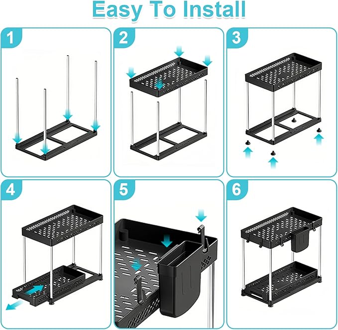 Under Kitchen Sink Organizer, 2-tier Under Sink Organizers and Storage for Kitchen & Bathroom, Multi-Purpose Pull Out Under Cabinet Organizer with Hooks Hanging Cup (Black, 2 Pack)