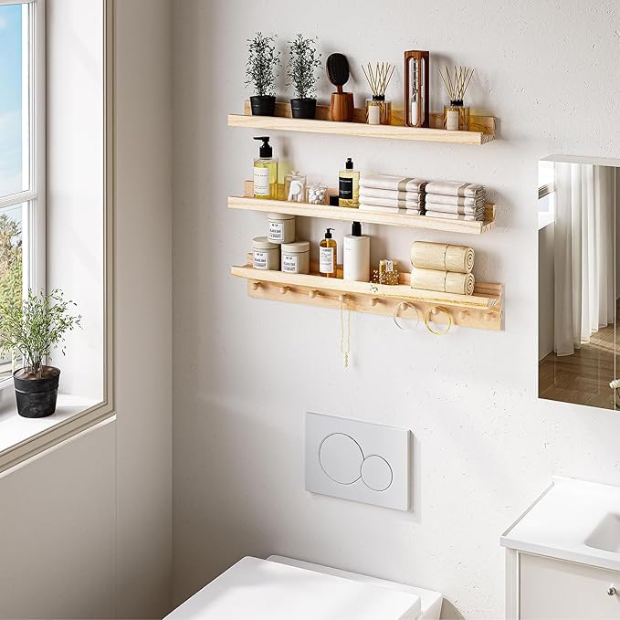 MBYD Natural Wood Shelf with Hooks, Floating Shelves for Wall Bathroom Shelves, Wall Mounted Nursery Bookshelf for Kids Room, Toy Storage Shelf for Bedroom Picture Ledge Shelves (Natural, 36 Inch)
