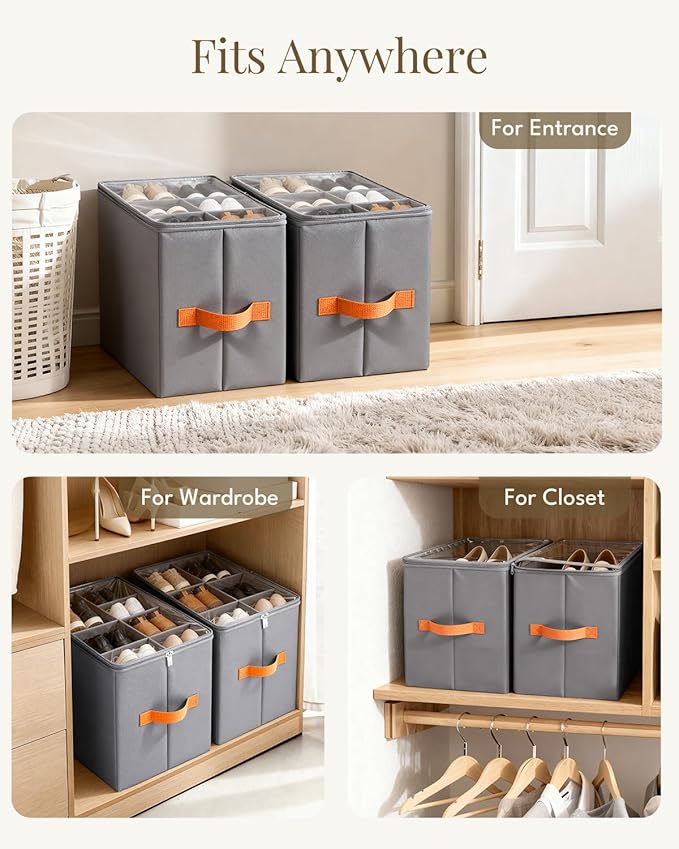 Smell Proof Shoe Organizer for Closet - Adjustable Dividers & Clear Lid. Foldable Shoe Storage Box with Activated Carbon Lining for Gym Sneakers, Running Shoes & Boots