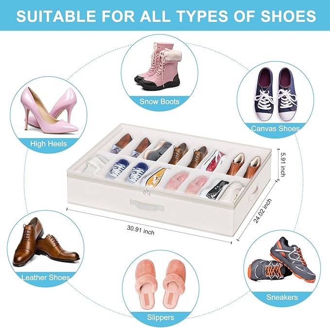 Under Bed Shoe Storage Organizer for Closet, Fits 32 Pairs Underbed Shoes Box Storage Containers Under the Bed Storage Foldable with Sturdy Handles&Clear Window for College Dorms Beige, Set of 2