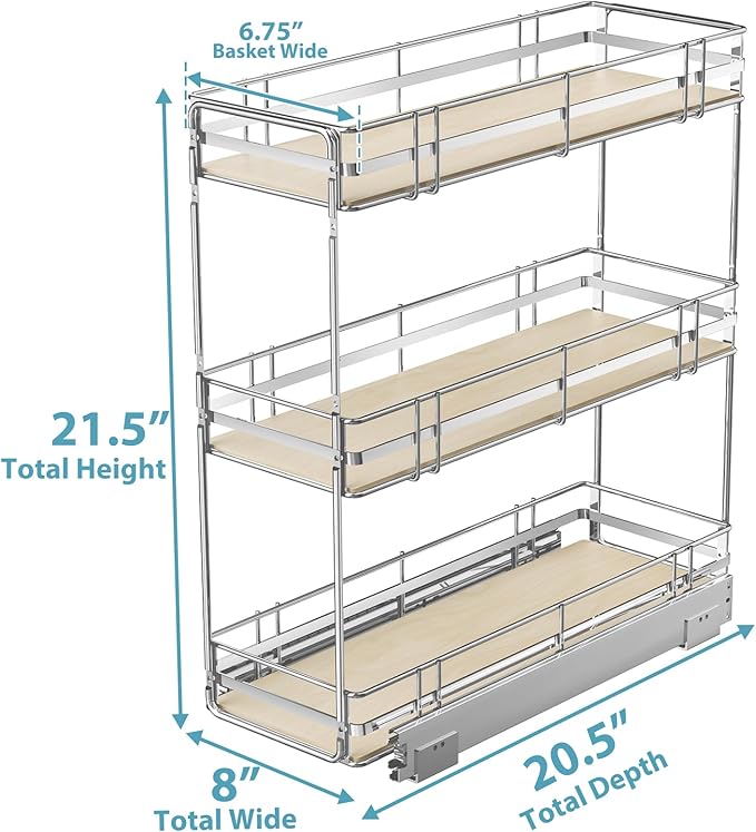 Pull Out Spice Rack Cabinet Organizer 8" W x 20½" D, 3 Tier Heavy Duty Slide Out Wood Shelf for Narrow Cabinet, Pull Out Storage for Kitchen
