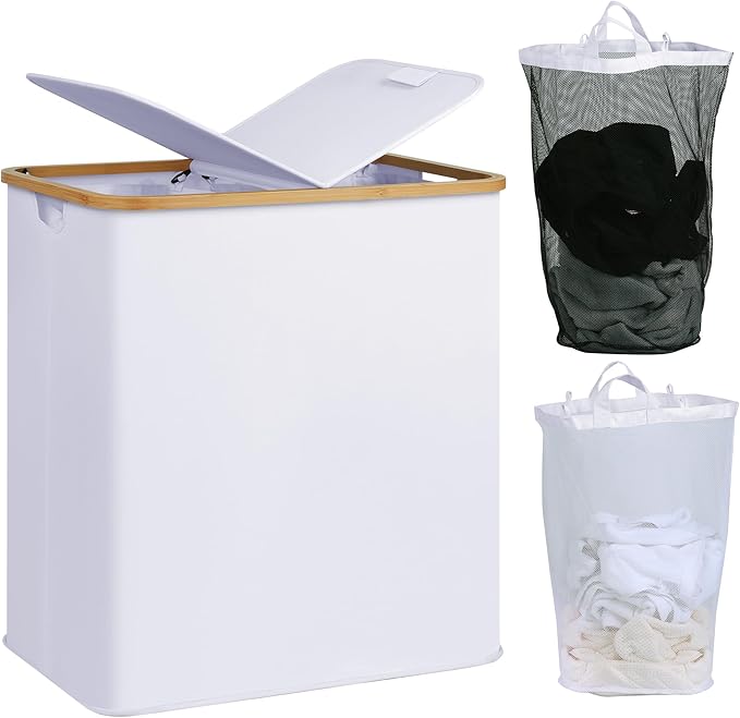 efluky Laundry Hamper with Lid, Double Laundry Hamper with 2 Removable Bags, 2 Section Laundry Basket with Bamboo Handles for Bathroom, Bedroom & Laundry Room -White