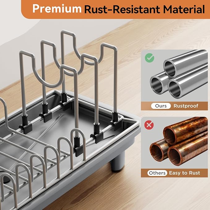 Small Dish Drying Rack, Compact Dish Drainer for Kitchen Counter, with Adjustable Back Slots, Space-Saving for Small Kitchens, Gray