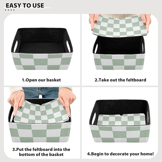 Checkered Green and White Png Closet Storage Bins 2 Pcs Felt Open Home Storage Containers Organizer with Handles Collapsible Shelf Basket for Home Office Craft Room Classroom Fabric