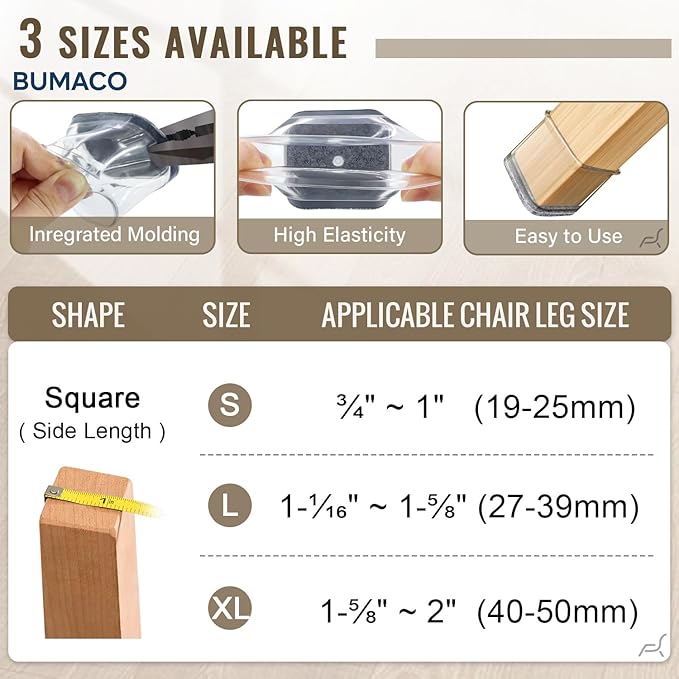 BUMACO Chair Leg Floor Protectors Square Chair Leg Protectors for Hardwood Floors Silicone Pads Covers to Protect Floors Clear-40 Pcs Square S Fit (3/4" to 1")