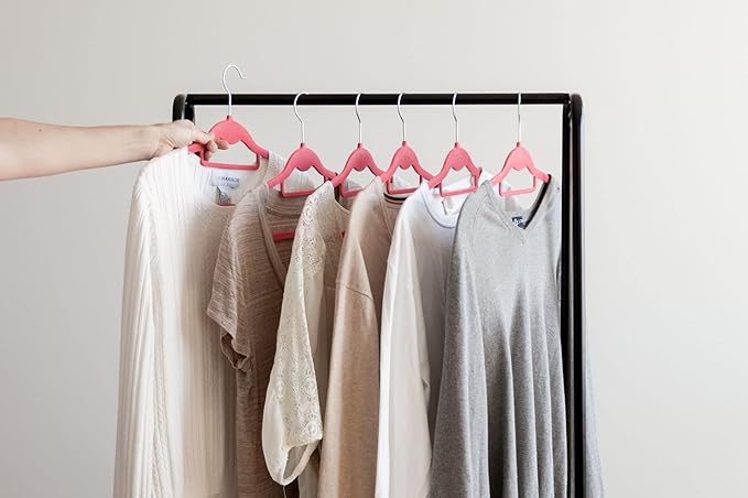 IRIS USA Non-Slip Velvet Clothes Hangers, Slim Space-Saving Design with Accessory Bar, Pink, Set of 10