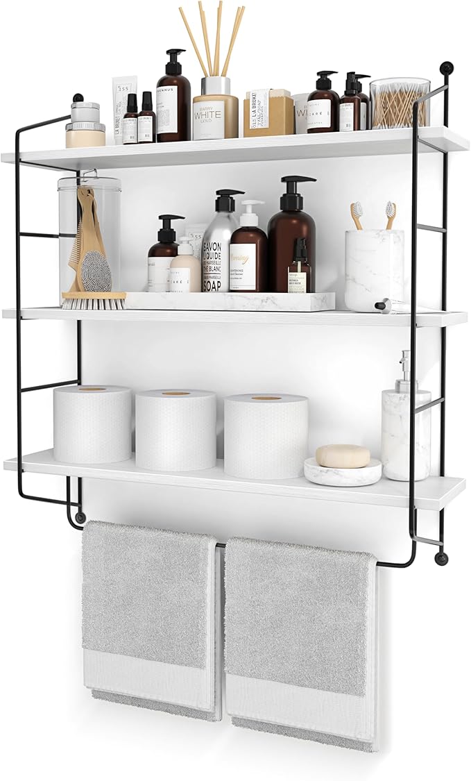 Sorbus 3-Tier Floating Bathroom Shelves for Wall - Wood Wall Storage for Towels, Over The Toilet Storage Cabinet, Gaming Floating Shelves, Bathroom Accessories, and Home Decor (White)
