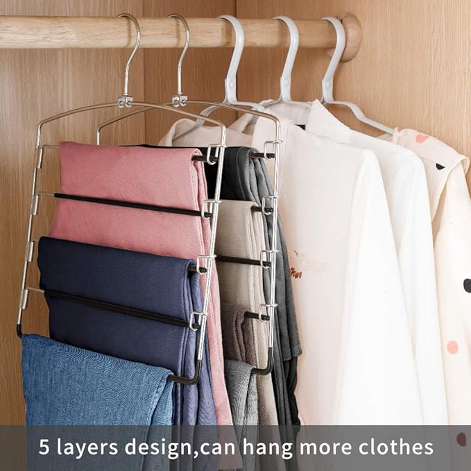 FeeraHozer Pants Hangers Non Slip 6 Pack Space Saving Hangers Multi-Layer Swing Arm Pants Hanger Stainless Steel Space Saver Hanger for Jeans Scarf Trouser Towel Clothes (Black)