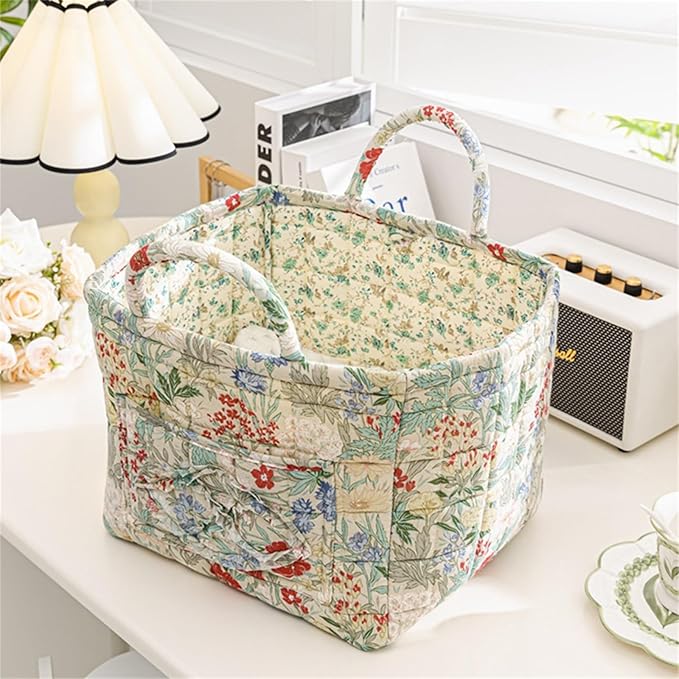 Boho Fabric Storage Basket, Large Capacity Laundry Basket, 12.2'' x 10.23'' x 10.23'' Collapsible Laundry Hamper with Easy Carry Handles (Ivory, L)