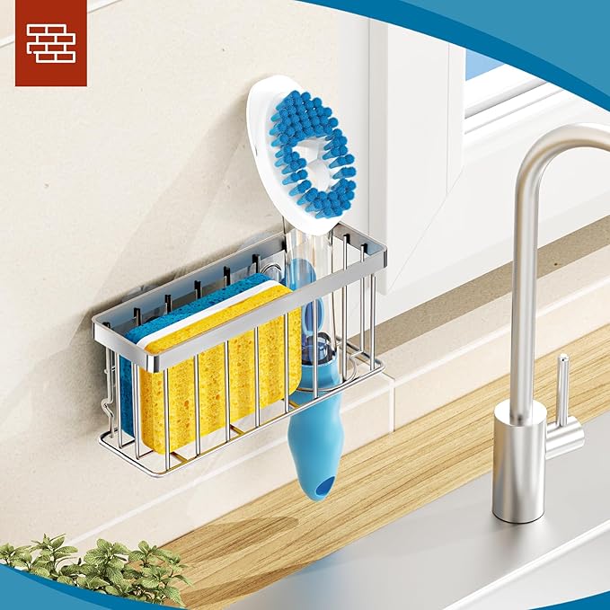 Sponge Holder for Kitchen Sink,Sink Caddy Organizer with Suction Cups/Adhesive Strips,Dish Sponge Holder Design for Sponges,Scrubber,Stoppers-Silver