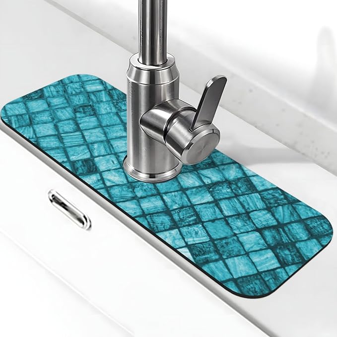 Faucet Draining Mat For Kitchen Sink, Cyan Square Marble Diatom Mud Absorbent Drain Pad For Bathroom Kitchen Sink Splash Guard Drying Mat
