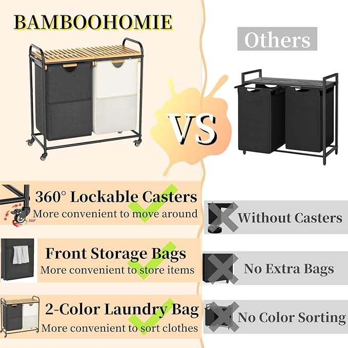 Laundry Hampers 2 Section, Laundry Sorter with Removable Shelf and Pull-Out Bags, Clothes Hampers with Wheels Rolling Cart Basket for Laundry Room Bathroom, 2 x 50 L (Black White)