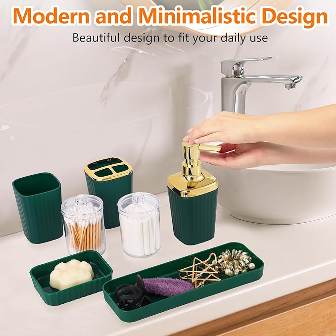 Bathroom Accessory Set,9 Pieces Dark Green Bathroom Accessories Set with Trash Can, Toothbrush Holder, Soap Dispenser, Toothbrush Cup, Vanity Tray, Soap Dish, Toilet Brush, Qtip Holder