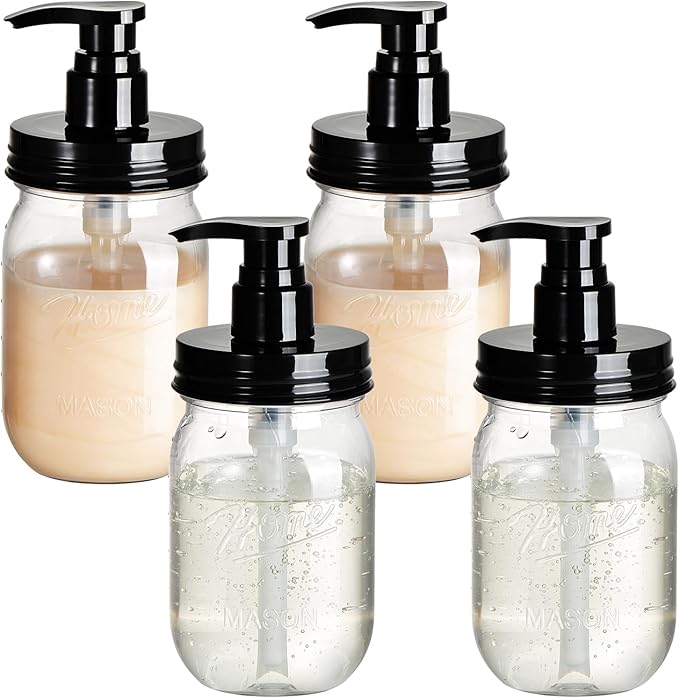 Amolliar Plastic Mason Jar Soap Dispenser with Pump Lid,16OZ Refillable BPA-Free Hand Soap Dispenser Set with Cute Lables - Farmhouse Decor for Kitchen/Bathroom,Liquid Soap,Dish Soap, Lotion (4 Pack)