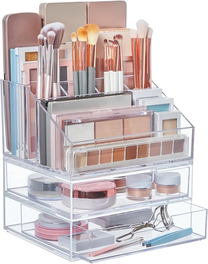 STORi Chloe Stackable Makeup Holder & Drawer Organizer Set, Clear, BPA-Free Plastic, Made in USA, Organize Brushes, Cosmetics & Beauty Essentials