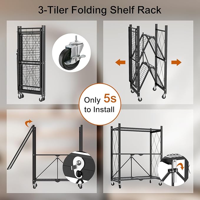 3 Tier Foldable Metal Storage Shelf with Wheels, 300 LBS Heavy Duty Collapsible Wire Shelving Unit, Rolling Utility Rack Cube Bookshelf for Kitchen Pantry Office Garage, 31.5" x 13" x 27" Black