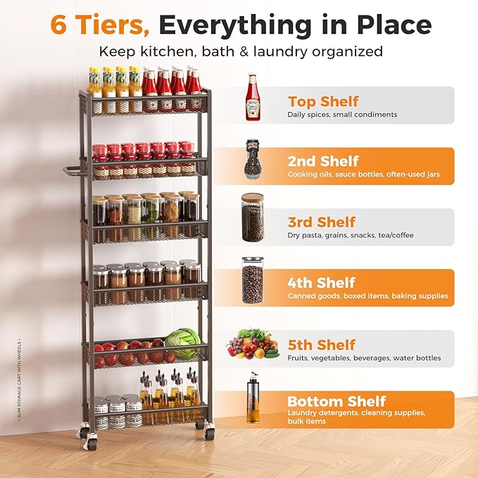 6 Tier Slim Storage Cart with Wheels, 6" D Rolling Storage Cart for Small Space, Metal Narrow Spice Cabinet Mobile Shelving Unit Organizer with Handle for Kitchen, Laundry - Black
