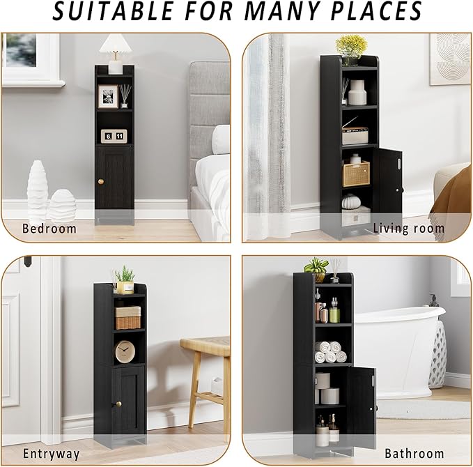 Small Bathroom Storage Cabinet Corner, Floor Cabinet with Adjustable Shelves, Freestanding Narrow Bathroom Toilet Paper Organizers for Small Spaces (Black)