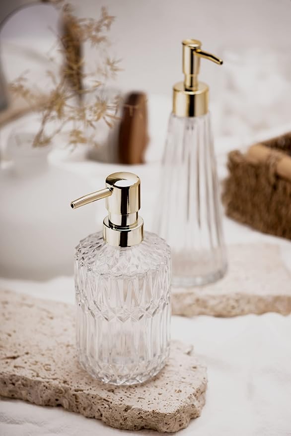 EMPO Clear Glass Soap Dispenser with ABS Plastic Pump, Crystal Lotion Dispensers for Kitchen Sink, Bathroom (2Pack Clear)