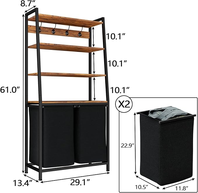 Furnulem 4 Tiers Laundry Hamper with Shelf and Hooks, Tall Laundry Basket Sorter with 2 Removable Bags, Double Clothes Hampers Organizers for Bathroom Bedroom