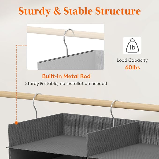 Lifewit Dual-Row 6 Tier Hanging Closet Organizer and Storage, Wide Clothes Storage Shelves with 3 Sturdy Hooks for Clothing Organization, Large Foldable Sweater Shelf for Bedroom, 12 Sections, Grey
