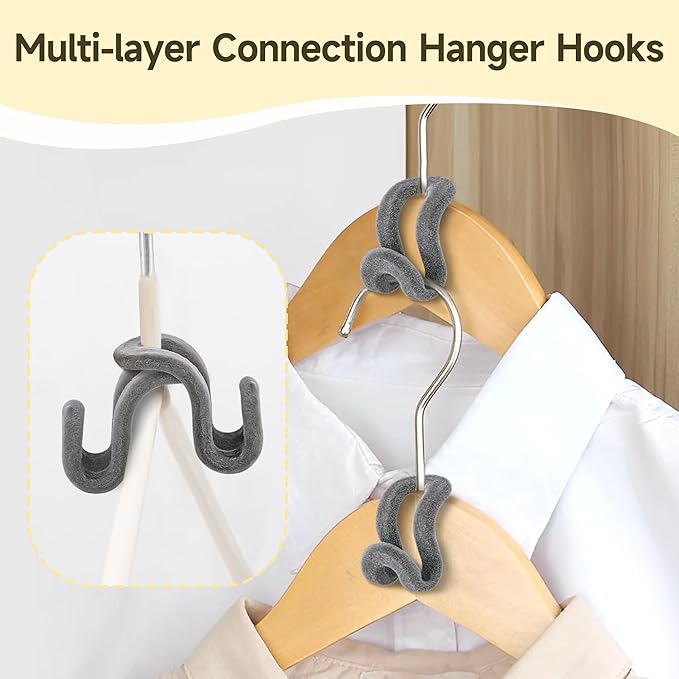 Mlici Velvet Clothes Hanger Connector Hooks, 60 Pcs Heavy Duty Space Saving Clothes Hanger Connector Hooks for Closet, Grey