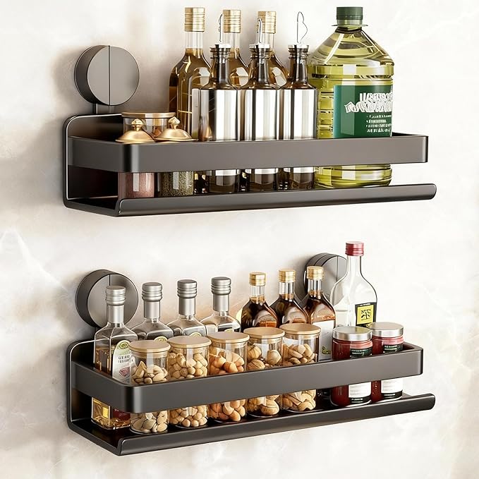 Spice Rack wall mounted 2 Pack,Suction Cups Spice Organizer for Cabinet,Large Capacity Metal Spice Shelf for Kitchen Cabinet, Pantry Doors, Bathroom, Shower, Home Decor (15.7 inch)