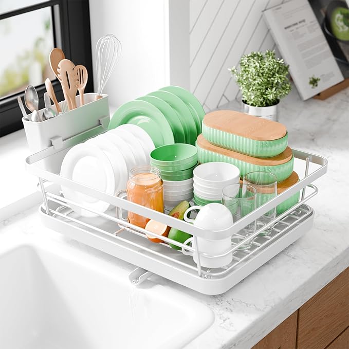Kitsure Dish Drying Rack - Compact Dish Rack with Utensil Holder & Adjustable Water Outlet, Rust-Proof & Scratch-Resistant Drying Rack for Kitchen, 14.5" x 12.0" x 4.0", Sliver