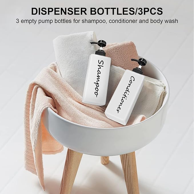21oz Shampoo and Conditioner Dispenser (Set of 3) Modern Refillable Shampoo Pump Bottles for Shower Soap - Empty Shampoo Conditioner Body Wash Dispenser Set - Stylish Permanent Labels - for Bathroom