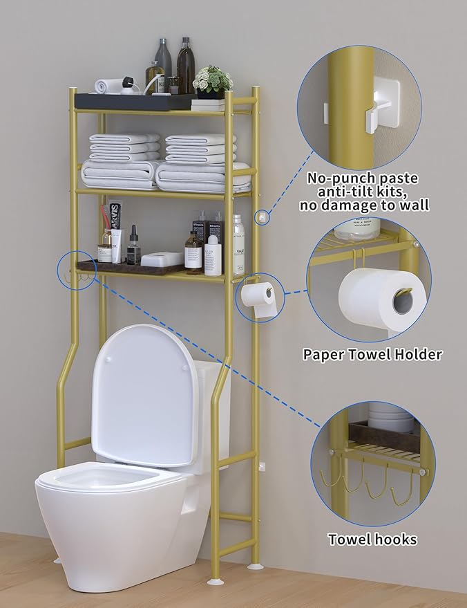 3-Tier Over The Toilet Storage, Freestanding Metal Bathroom Shelves with 4 Hooks, Over Toilet Storage Shelf with Paper Holder, Above The Toilet Shelf for Bathroom Storage, Gold