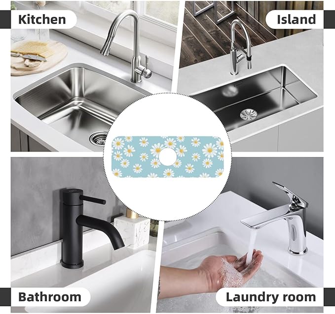 Beautiful Daisy Flower Floral Kitchen Sink Splash Guard Faucet Mat Super Absorbent Fast Drying Mat Sink Gadgets-Fast Drying Pad Sink Mat For Kitchen Bathroom (15" X 5.5" )