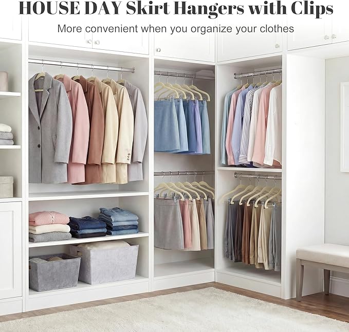 HOUSE DAY Velvet Skirt Hangers 12 Pack, Beige Velvet Pant Hangers with Adjustable Clips, Space Saving Slim Shorts Hanger, Heavy Duty Non Slip Clip Hanger for Pants, Skirts, Shorts