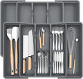 Silverware Organizer, Expandable Utensil Drawer Organizer for Kitchen Drawers, Kitchen Drawer Organizer for Spoons/Forks/Knives, Multipurpose & BPA Free Cutlery Tray, Grey, 2 Pack