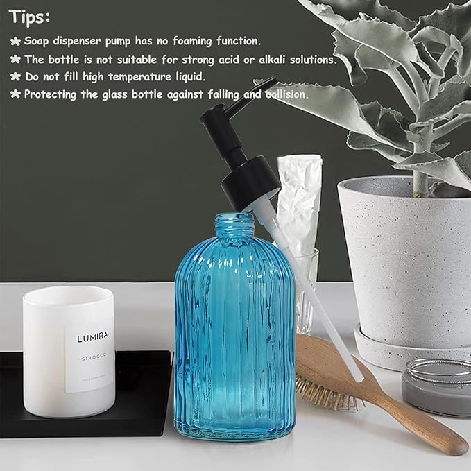 Blue Glass Soap Dispenser Set with Black Pump, 13.5oz Refillable Hand Dispenser, Lotion Dish Soap Dispenser for Modern Home Decor, Kitchen Countertop, Bathroom, Hotel