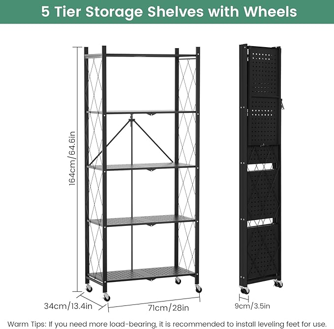 ALANNG 5 Tier Storage Shelves on Wheels, No Assembly Metal Folding Shelf Heavy Duty, Black | Colorful | Rolling | Collapsible | Rack Unit | for Living Room Office | 13.4" D x 28" W x 64.6" H