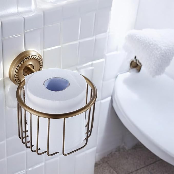 Vintage Bronze Wall Mounted Toilet Paper Holder – Antique Brass Bathroom Accessories Tissue Dispenser with Stable Metal Stand, Wire Basket Storage Rack - for Roll with Diameter <5inch Only