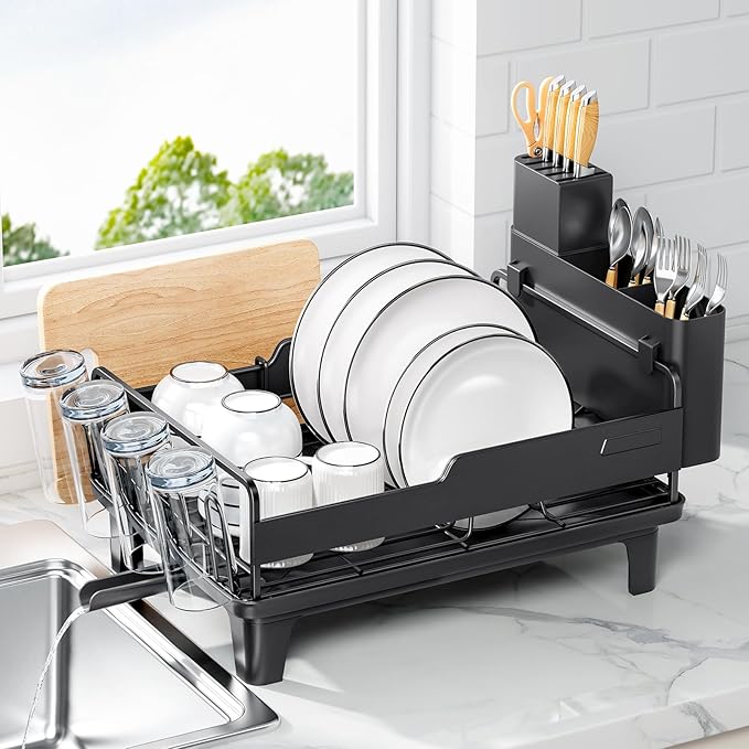 Dish Drying Rack for Kitchen Counter, Countertop Dish Rack with Drainboard, Multifunctional Dish Drainer with Cups Holder & Cutting Board, Home Plate Storage Rack with Cutlery Holder, Black