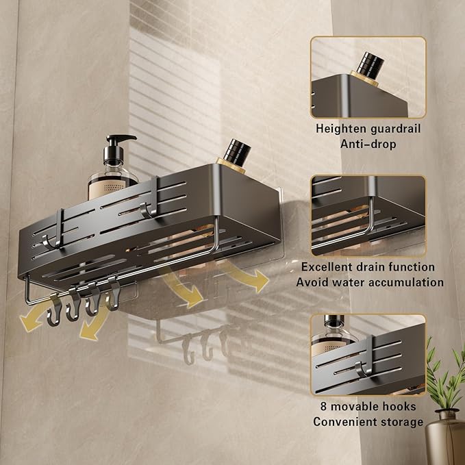 VOLPONE Shower Caddy No Drilling Shower Shelves for Inside Shower Heavy Duty Bathroom Organizer Storage Rack Adhesive with Towel Bar Hooks (2-Pack, Matte Gray)