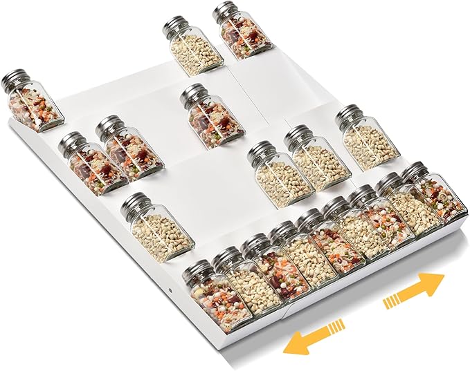 GOENDR Metal Spice Drawer Organizer, 4-Tier 2 Set Spice Rack for Drawer, Expandable From 11.4" to 22.8" Seasoning Organizer, Kitchen Spice Rack Tray for Drawer/Countertop (Jars not included) White