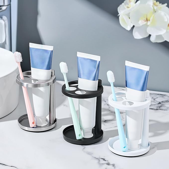 Toothbrush & Toothpaste Holder for Bathroom Countertop, Metal Electric Toothbrush Stand with Razor Slot, Ideal Design Caddy for Kids & Family, Brushed Silver