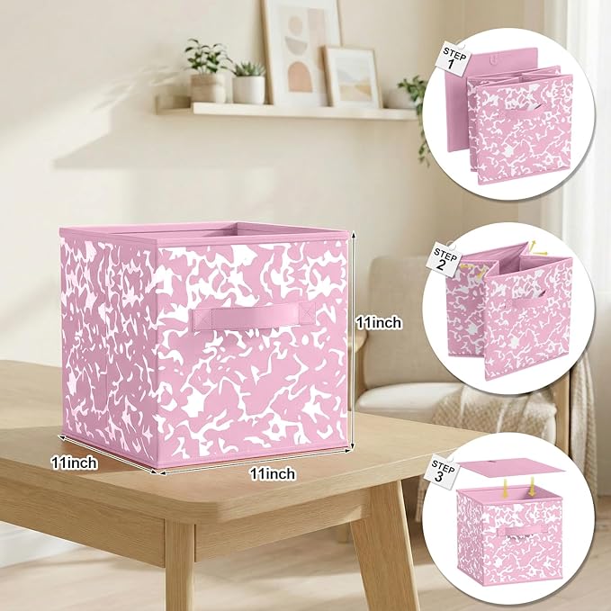 LemonRoad 6 Fabric Storage Cubes 11 Inch Foldable Marble Storage Bins for Organizing Pantry, Toy Box, Clothes Closet Collapsible Baskets for Shelves School Organizing with Handle(Pink, Classic Style)