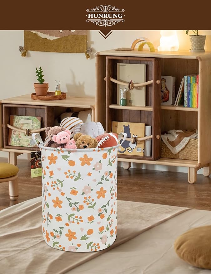 HUNRUNG Laundry Hamper,Large Canvas Fabric Lightweight Storage Basket Toy Organizer Dirty Clothes Collapsible Waterproof for College Dorms（Round-Orange Flower）