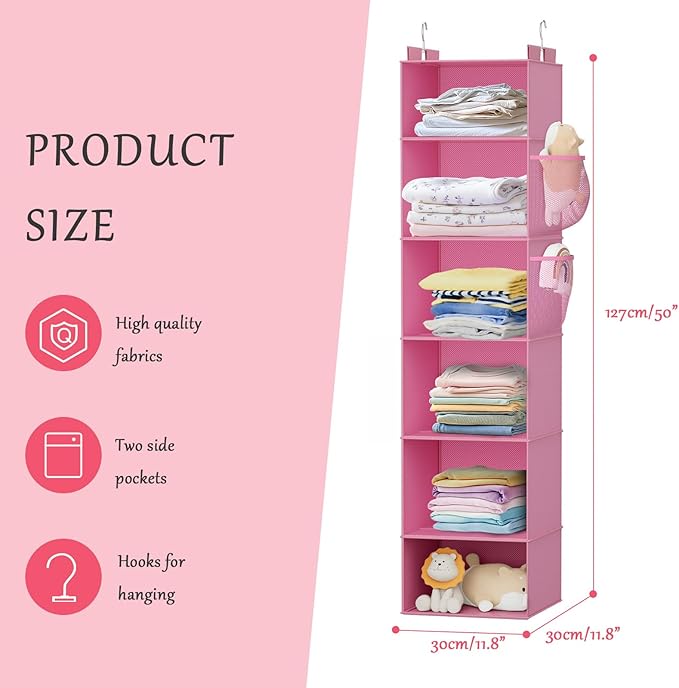 VERONLY Hanging Closet Organizer and Storage with Bamboo Support, 6-Shelf Closet Hanging Storage Shelves, Closet Organizers Easy Mount Foldable for Bedroom (Pink)